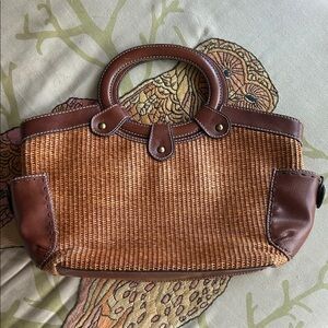 Fossil Brown Woven Jute and Leather Trim Handbag